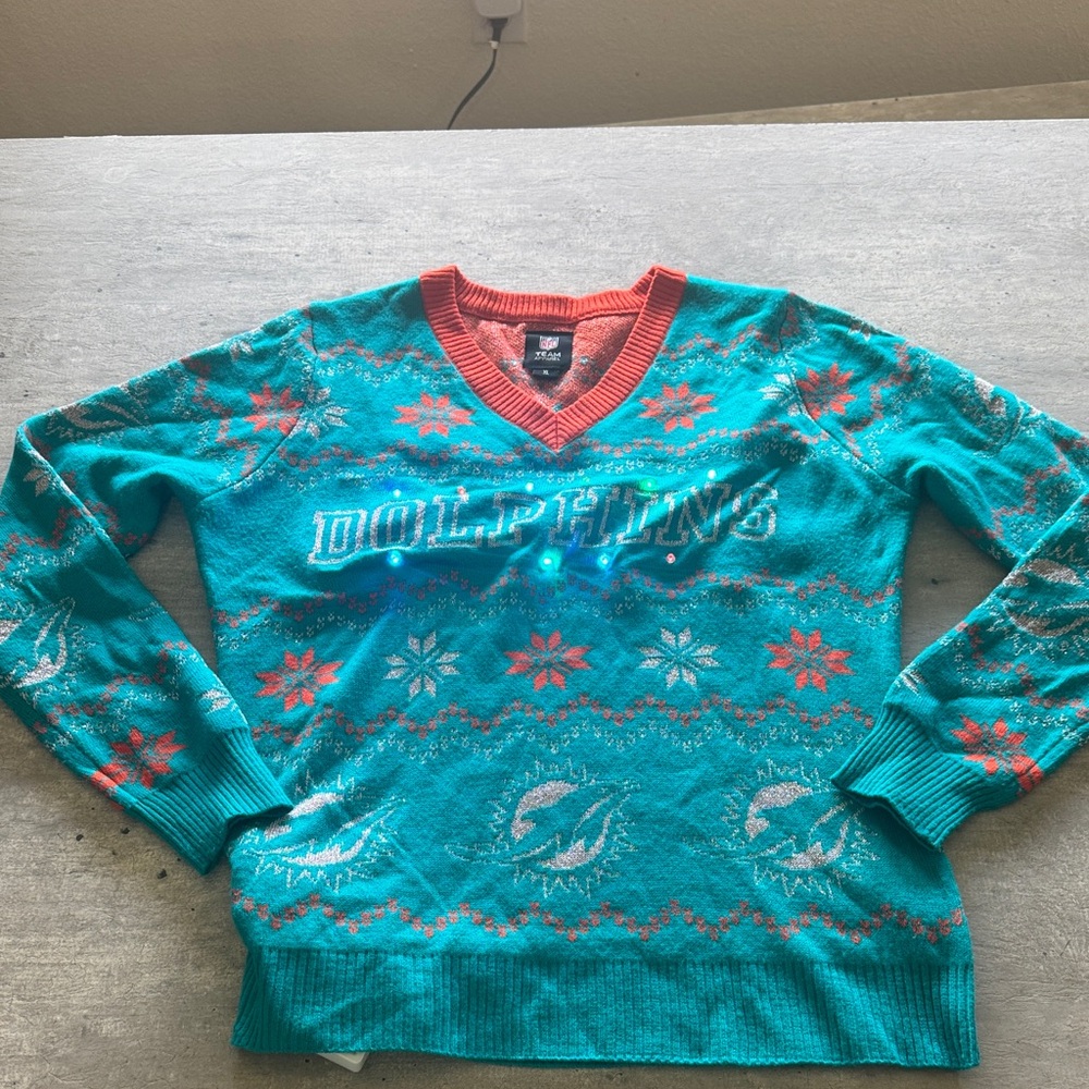 NFL Dolphins Teal and Red V-Neck light up ugly Christmas sweater Sweater XL